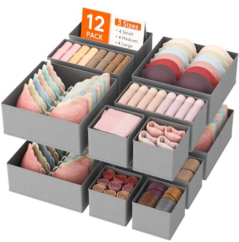 Lifewit 12 Pack Drawer Organiser,Collapisble Fabric Chest of Draw Dividers for Closet, Dresser, Nursery, Bedroom, Foldable Cube Boxes for Clothes, Pants, Underwear, Sock, Bras Organization, Light Grey