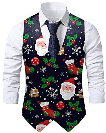Christmas Waistcoat Mens Fun Waistcoat Christmas Festive Happy Santa Claus Xmas Waistcoats V Neck Sleeveless Slim Fit Party Dress Vest Suit