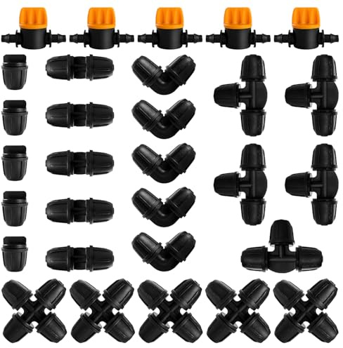 VooGenzek 30 Piezas Juego de Accesorios de Irrigación para Tubo 4/7 mm, Conectores de Púas de Manguera para Sistemas de Riego, Válvulas de Compuerta, Tees, 4 Vías, Rectos, Codos