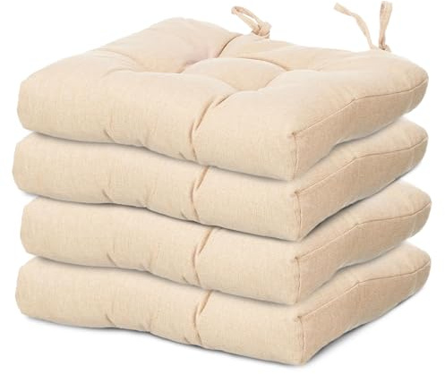 TIENDA EURASIA – Pack Cojines Sillas | Material Tela (Poliéster) | Material de Relleno 100% Poliéster | Tamaño 40x40x7 cm | 2 Cordones de Sujeción | Cojines Exterior Jardín (Beige, Pack 4)