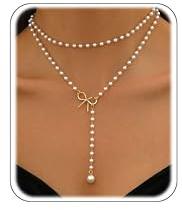 Layered Pearl Bow Choker Necklaces for Women 14K Gold Plated Dainty Cute Bow Pearl Drop Pendant Y shaped Layered Necklace,Christmas Gift for Her