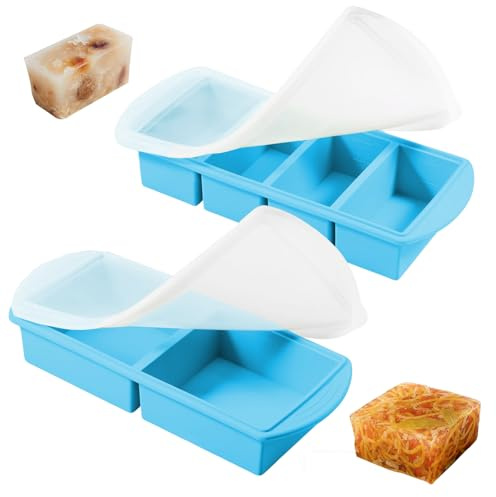 2 in 1 Contenitori Per Zuppe E Stampi Per Congelatore, Stampi Per Congelatore In Silicone Per Zuppe Con Coperchio Da 2 E 4 Tazze, Congelare Porzioni Da 250 Ml & 500 Ml, Per Zuppe,Brodi E Sformati,Blu