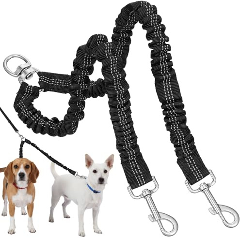 Double Dog Leash, Strong Elasticity Dog Leash for 2 Dogs, 360° Swivel Double Anti-winding Walking Training Leashes for Large Dogs That Pull, Comfortable Shock Absorbing Bungee