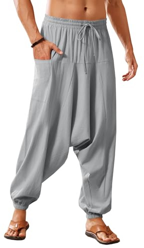 Runcati herr bomull harembyxor baggy hippie casual linne yogabyxor strand djup grensöm byxor, GRÅ, L