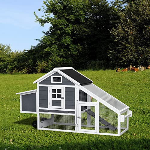 GDFStudio 70.86 Chicken Coop Rabbit Hutch with Wheels, Wooden Portable Chicken Coop Run Duck Houses with Waterproof Roof, Removable Tray, Outdoor Pet Hutch for 4-6 Chickens Ducks Rabbits, Grey+White