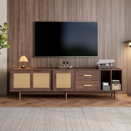 Merax Mueble de TV bajo con puertas de ratán, 190 x 40 x 52 cm, armario de almacenamiento multifuncional para televisor de 75 pulgadas, tablero DM marrón, 6 patas de apoyo, moderna tabla de TV para