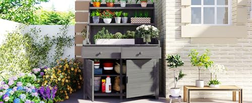 ESPIDOO Garden Potting Bench Table: All-in-One Gardening Workstation with Storage - 65 Inch Fir Wood Workstation with 3 Shelves 2 Drawers & Cabinet for Backyard Patio - Gray Rustic Design