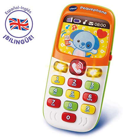 VTech-Baby Pequephone bilingüe, Juguete bebé +12 Meses, teléfono Infantil con Luces, Sonidos y Canciones en inglés y español, enseña números, Colores y Animales, Multicolor (80-138147)