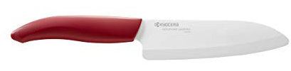 Kyocera FK-140 WH-RD EU, Cuchillo Santoku, 14 cm, cuchilla de cerámica de circonio afilada, afilada a mano, ligera, no corrosiva, sin transferencia de sabor, apta para lavavajillas, mango rojo
