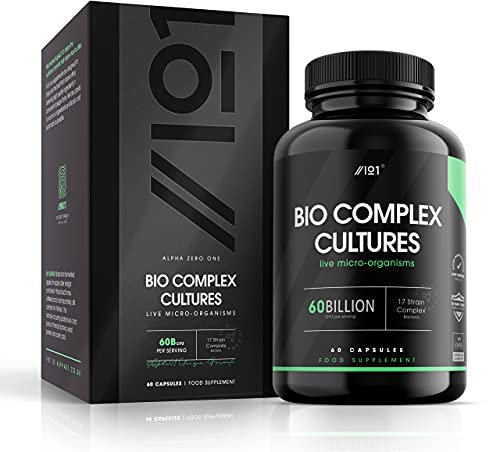 Bio Cultures Complex Probiotics - 60 Billion CFU - 20 Live Bacterial Cultures - 60 Vegan Capsules for Women & Men - Lactobacillus Acidophilus, Gasseri, Rhamnosus & Reuteri - by Alpha01 (60 Billion)