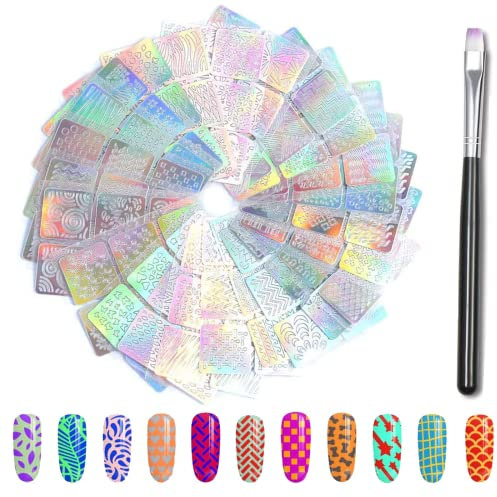 VEGCOO Pochoirs Ongle Nail Art, Pochoirs en Vinyle, 144 pièces 24 Sheets Pochoirs avec une Brosse à ongles, Différents Styles Stencil Ongles Nail Art Stickers pour Nail Art Design/Décorations