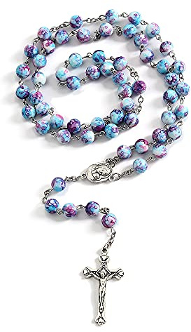 Rosary Beads Catholic for Woman, Blue Purple Pearl Rosary Necklace