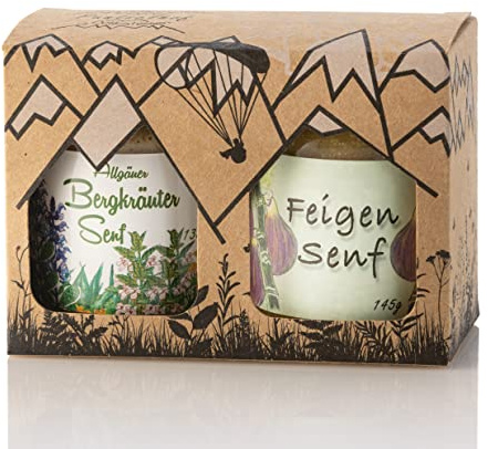 Puntzelhof Genuss-Box Senf - Feinkost Geschenk-Set: 150ml Bergkräutersenf und 150ml Feigensenf - Genuss aus dem Allgäu in der Geschenkbox