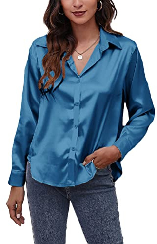 Minetom Tunique Femme Chemisier Top Elegant Col V Blouse Casual Chemise Satin Manche Longue Shirt F Bleu M