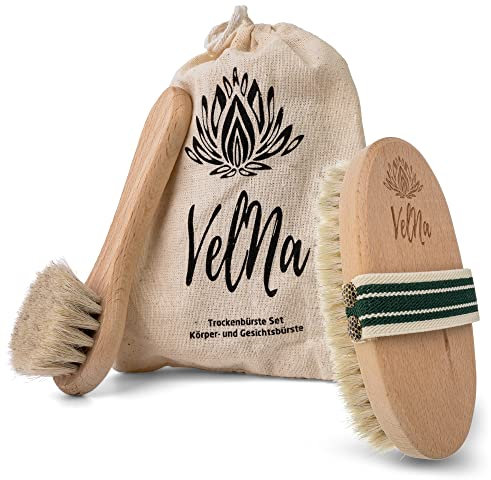 VELNA Körperbürste und Gesichtsbürste aus Rosshaar im Set. Natürliche Borsten feinem Pferdehaar, perfekt gegen Cellulite. Trockenbürste Pferdehaarbürste mit elastischem Haltegriff, Beige, 15x11x4,5