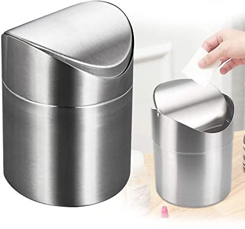 MEIYAXINWIN Tischabfalleimer mini mülleimer, Tisch mülleimer klein Ø 12 x 16cm, Silber Edelstahl Desktop Tischmülleimer mit Deckel für Büro Schlafzimmer Küche