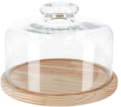 Tradineur Cloche à fromage ronde avec couvercle en verre et base en bois, récipient à fromages ou charcuterie, présentation alimentaire, 24 x 12 cm
