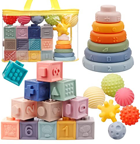 Tacopet Montessori Sensorik Spielzeug, 24 Stück Weich Baby Bausteine, Bälle und Ringen Babyspielzeug Stapelspiel Set, Motorikspielzeug Stapelwürfel Bauklötze, Beißring Badespielzeug ab 2 Jahre