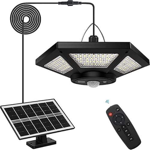 Auzev Solar Pendant Light - Indoor/Outdoor with Remote Control, 360° Waterproof Solar Light with Motion Sensor/Timer/5 Modes for Home Shed Garage Barn