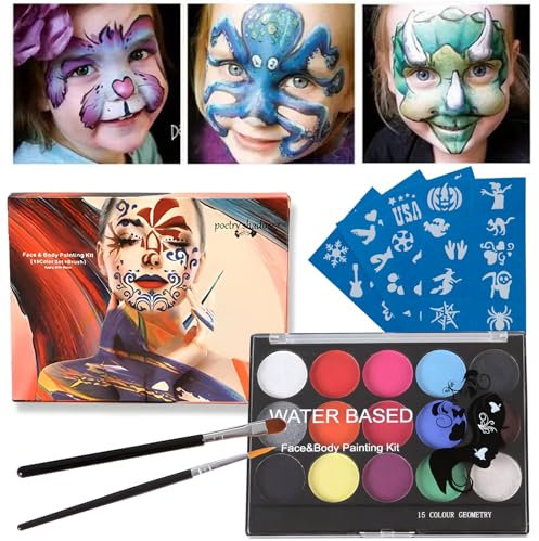 Xinfuquan Body Painting Face Paint Kit,15 Farben mit Bürste,Schablonen,Waschbar,Halloween,Ostern,Karneval,Schminke für Maskerade bodypainting farben schminkkoffer