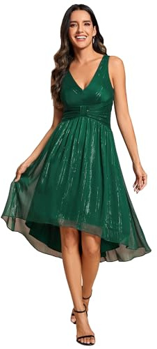 Ever-Pretty Abito Cerimonia Donna Pieghe Senza Maniche Scollo a V Stile Impero Brillante Abito da Ospite Verde Scuro 46