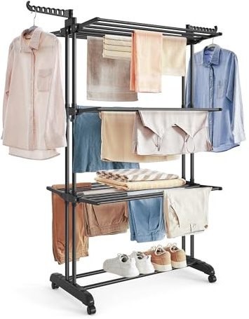 SONGMICS 4-Tier Clothes Drying Rack, Foldable, Rolling, 66.6-Inch Tall
