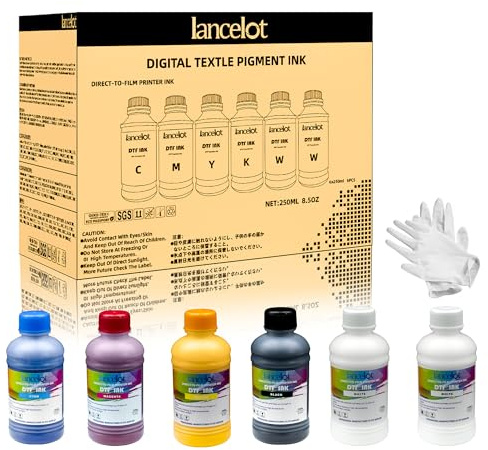Lancelot DTF Ink 250ml×6 (CMYK+2W) - Vibrant Durable Anti-Clog PET Film Transfer Ink, Compatible with Pro Printers Featuring ET-8550/XP-15000/L1800/L805/R1390/R2400 Printheads.