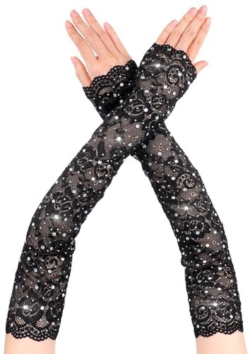 Yolev Lang Spitzenhandschuhe Schwarze mit Strass Damen Fingerlose Handschuhe Lange Formelle Spitzenärmel Braut Hochzeitshandschuhe Teeparty Opernhandschuhe Halloween Karneval Maskerade