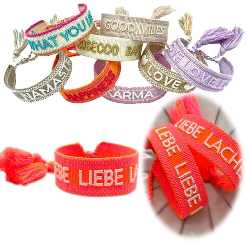 LS-LebenStil Exklusives Statement Armband - das Original - Lebe Liebe Lache Neon Orange 16-20cm Quasten besticktes Boho Canvas Webarmband Damen Freundschaftsarmband Geschenk gewebt textil Stoffarmband