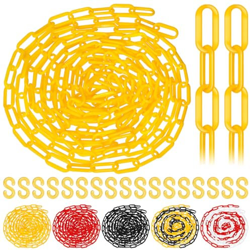 Glarks 21 barreras de cadena de plástico de 5 m x 6 mm, eslabones de cadena de plástico amarillo, cadena de barrera de seguridad para control de multitudes, línea de cola, estacionamiento, sitio de