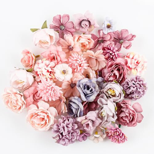 Luckwaii Kunstblumen zum Basteln Künstliche Blumenköpfe Klein, 40 Stück Blumen zum Basteln Fake Flowers Blumen Künstlich Seidenblumen Kunstblüten Kunstblumen Deko für DIY Crafts Hochzeit (Rosa, Lila)