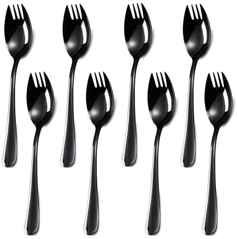 Alata Sporks, 8-pack svarta stekpannor i rostfritt stål av livsmedelskvalitet, 18,8 cm långt handtag, salladsgafflar för efterrätt, glass, sallad, soppa, pasta, spagetti, diskmaskinssäker