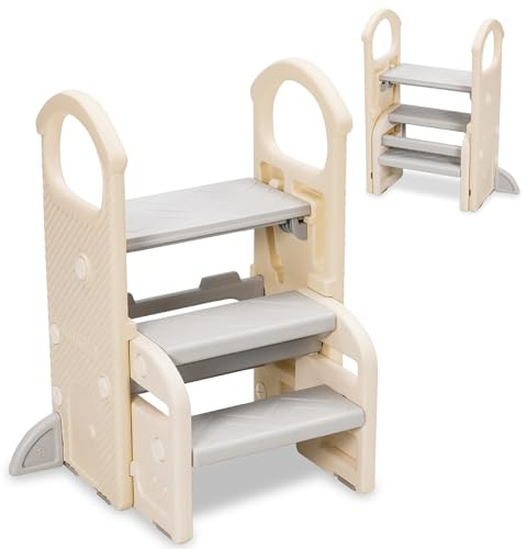 3-in-1 Convertible Kids Step Stool,3-Step to 2-Step Ladder & Chair, Toddler Step Stool with Handles and Non-Slip Pads for Bathroom, Sink, Kitchen, Counter, Toilet Potty Training,60kg Capacity(Grey)