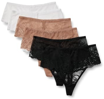 Amazon Essentials Culotte en Dentelle Douce et Extensible, Bikini, Échancrée, String Taille Haute, Shorty et String Femme, Lot de 6, Blanc/Bronze Lavé/Noir, 42