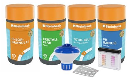 STEINBACH | Wasserpflege Starter Set I Pool Chlor Starterset für Einsteiger I Mini-Multitabs, Kristallklar, Dosierschwimmer, Testkit, pH-Senker & Chlorgranulat | Pool-Zubehör-Set für Anfänger