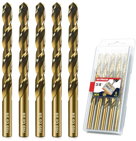 Artymaster Drill Bit Set, 5pcs (3/8) M35 HSS Twist Cobalt Drill Bits for Stainless Steel, Hardened Steel, Cast Iron, Plastic and Wood,AM07G
