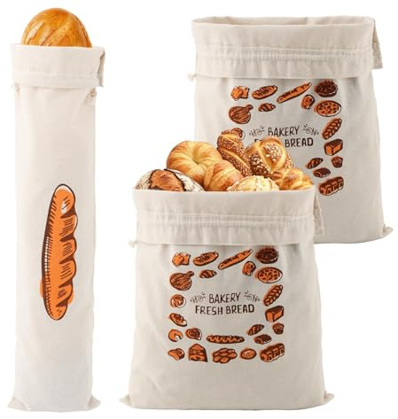 2 Reusable Linen Unbleached Bread Bags To Keep Fresh, 13.78x17.72in Large Washable Cotton Cloth Homemade Eco Bread Storage Bags And 1 Bague tte Bag, with Drawstring Toast Loaf Storage Secure Freshness