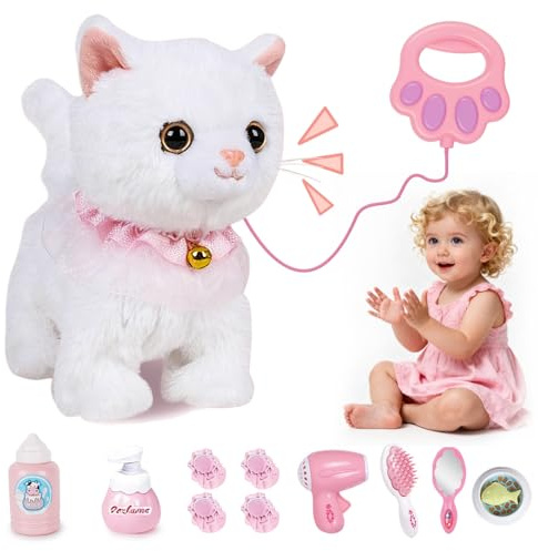 XUXLEKK Jouet Électronique en Peluche, Animal Chat Électronique, Chat Interactif Qui Marche et Miaule avec Laisse Télécommandée, Marchant pour Garçons Et Filles De 3 à 6 Ans (White)