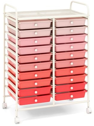 COSTWAY Chariot de Rangement à Roulette 20 Tiroirs en PP, Tour de Rangement avec Tablette, Cadre en Métal, Desserte Meuble Tiroir pour Cuisine École (XL | 20 tiroirs,Rose+Blanc)
