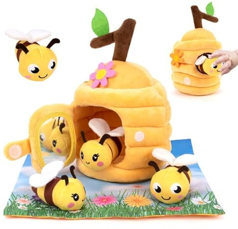 LinStyle Jouet Bebe 6 Mois,Montessori Ruche en Peluche avec Abeilles,Jeux Eveil Bebe avec Froissement, Miroir – Cadeau Bébé Enfant Fille et Garçon dès 6 9 12 Mois 1 an