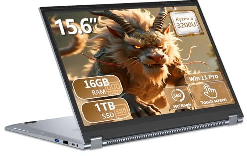 Ordenador Portátil 2 en 1, PC Portátil R3 3200U CPU, Win 11 Portatil 16 GB RAM 1TB SSD, 15,6 Pulgadas Laptop Pantalla Táctil Giro de 360°, Radeon Graphics GPU, RJ45+TipoC+USB 3.0+Mini-HDMI+Webcam