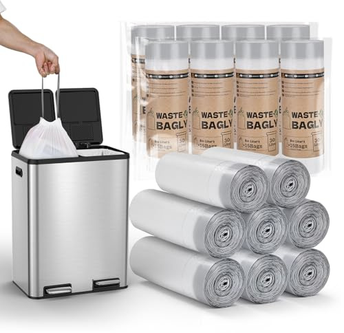 YEAUPE PRO Sacchetti Spazzatura con Manici 30L, Resistenti e Spessi, Pre-tagliati, Misura L 53x74 cm, Bianchi, per Pattumiera Cucina (120 pezzi (pack da 8), 30L)