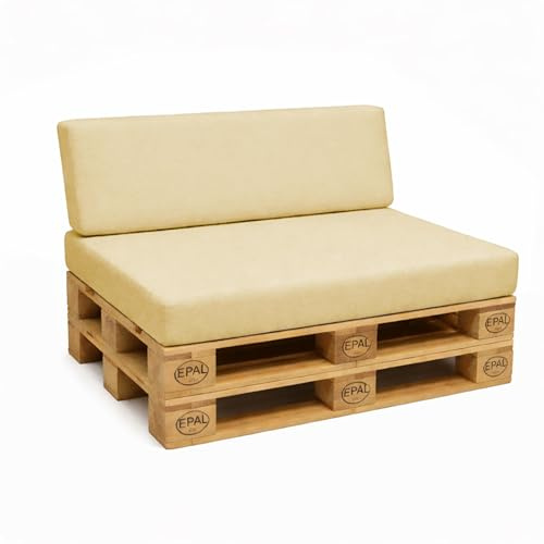 POKAR Set de 2 Cojines para Palets Impermeable | 1x Asiento 120x80 + 1x Respaldo 120x40 para Sofá de Jardín | Fundas Desenfundables | Ideal para Europalés | Fabricado en UE | Oeko-Tex | Beige