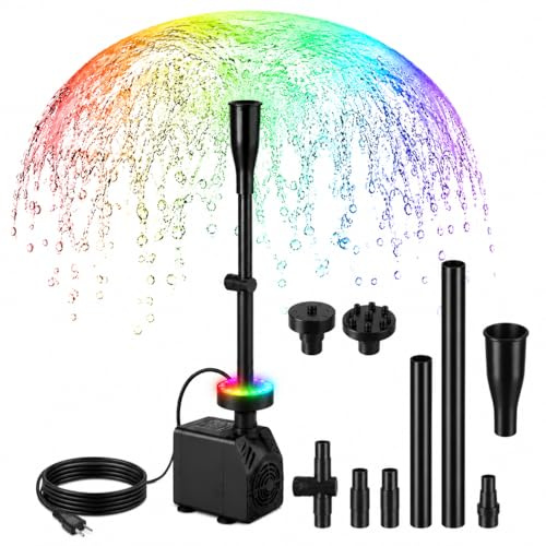 Fontänpump utomhus med LED, 800 l/h 15 W RGB-akvariefön för minidammar, dammpump med 3 m kabel, 3 munstycken, 3 växlande färger, vattenlekpump liten för trädgårdsdamm, vattenfall