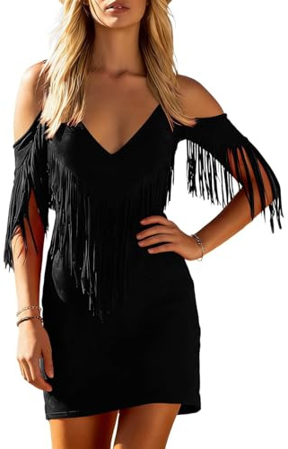 Mini robe de cowboy occidentale chic à franges pour femme - Épaules dénudées - Style vintage - En daim - Col en V - Pour concerts de campagne, rodéo, soirées