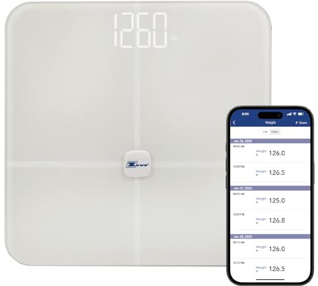 Zewa Digital Biometrics Scale | Measures 12 Body Composition Metrics | Bluetooth | Android & iOS Compatible | ITO Safety Glass | MyHealthConnected App | 397 lbs / 180 Kg Capacity