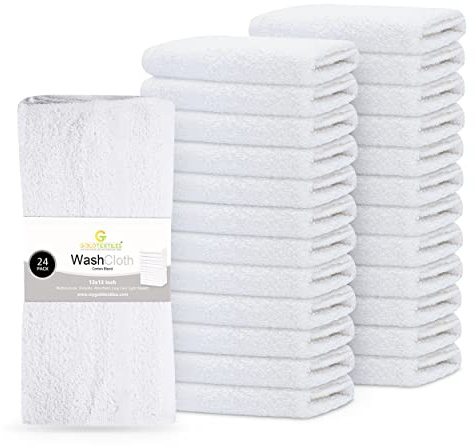 GOLD TEXTILES 24 Pack Economy White Washcloths Set (12x12 inches) - Cotton Blend Commercial Grade Cleaning Rags, Quick Drying & Soft Face Cloths, Fingertip Towels for Bathroom, Spa, Gym, and Kitchen