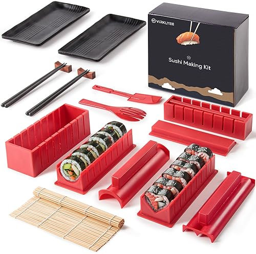 Virklyee Sushi Making Kit 17 Stück Sushi-Set Sushi Form Set Mehrere Formen DIY Sushi Selbst Machen Set, Sushi-Matten, Sushi-Teller,Essstäbchen(Rot)