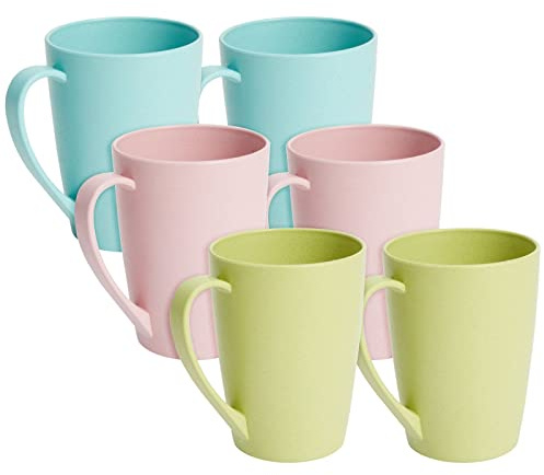 Okuna Outpost Coffee Mugs - Unbreakable Wheat Straw Coffee Cups with Handles, 12 oz, 6-Pack, Blue/Pink/Green - BPA Free, Microwave Safe Plastic Mugs, Stackable & Dishwasher Safe