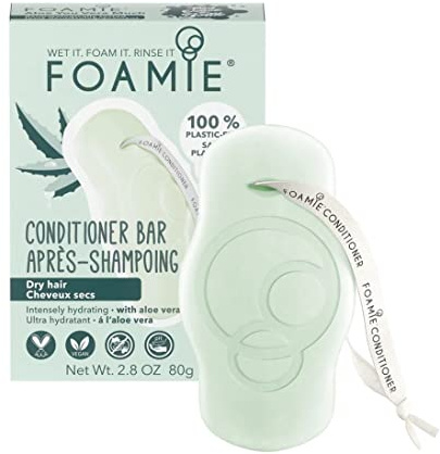 Foamie Après-Shampoing solide pour cheveux secs à l'aloe vera qui hydrate intensément les cheveux, 100% vegan, sans plastique et sans sulfates, 80g